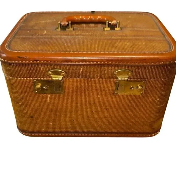 VTG MCM WOODEN, tweed, textured train case w mirror Hard Shell Train/Cosmetic/Ma - Picture 7 of 9